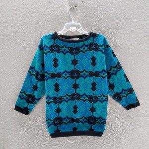 VINTAGE Herald House Women Sweater Medium Blue Pattern Long Sleeve Boat Neck‎